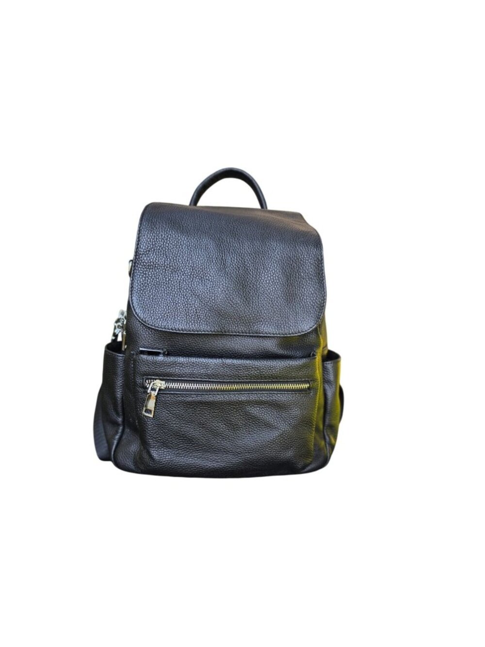Slouchy Black Pebbled Faux Leather Moto Biker Backpack Purse Silver Zip GUC